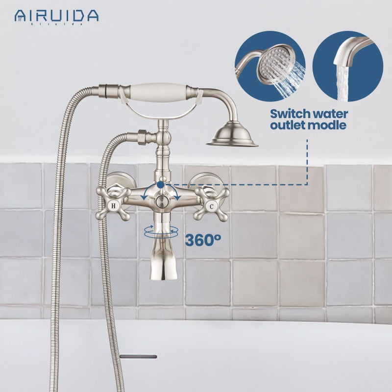 Airuida Wall Mount Bathtub Shower Faucet Kit with Telephone Shaped Handheld Sprayer Double Hot and Cold Water Mixer Tap Wall Mounted Tub Filler Set Vintage Style Cross Handles Brushed Nickel - Image 2